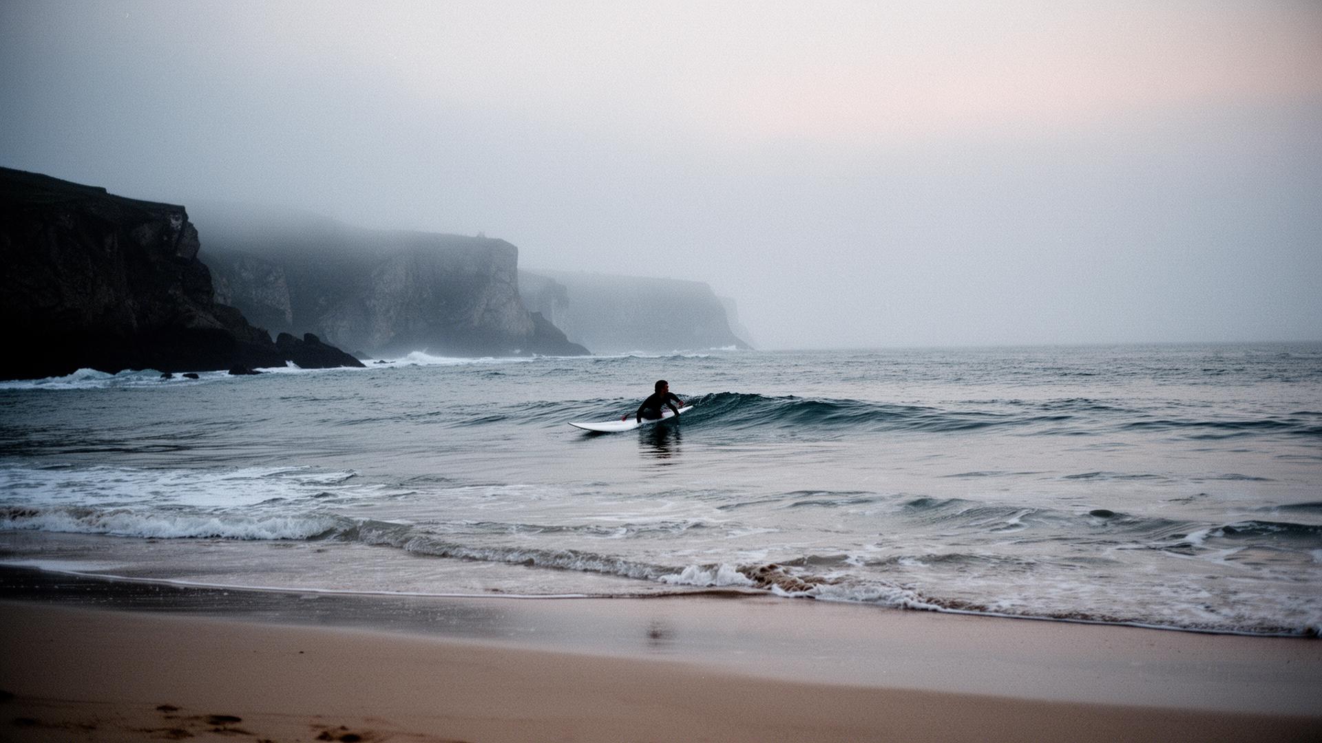 Surfista remando al amanecer en la costa cantábrica